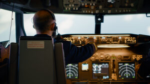Two pilots at the controls of the flight simulator
